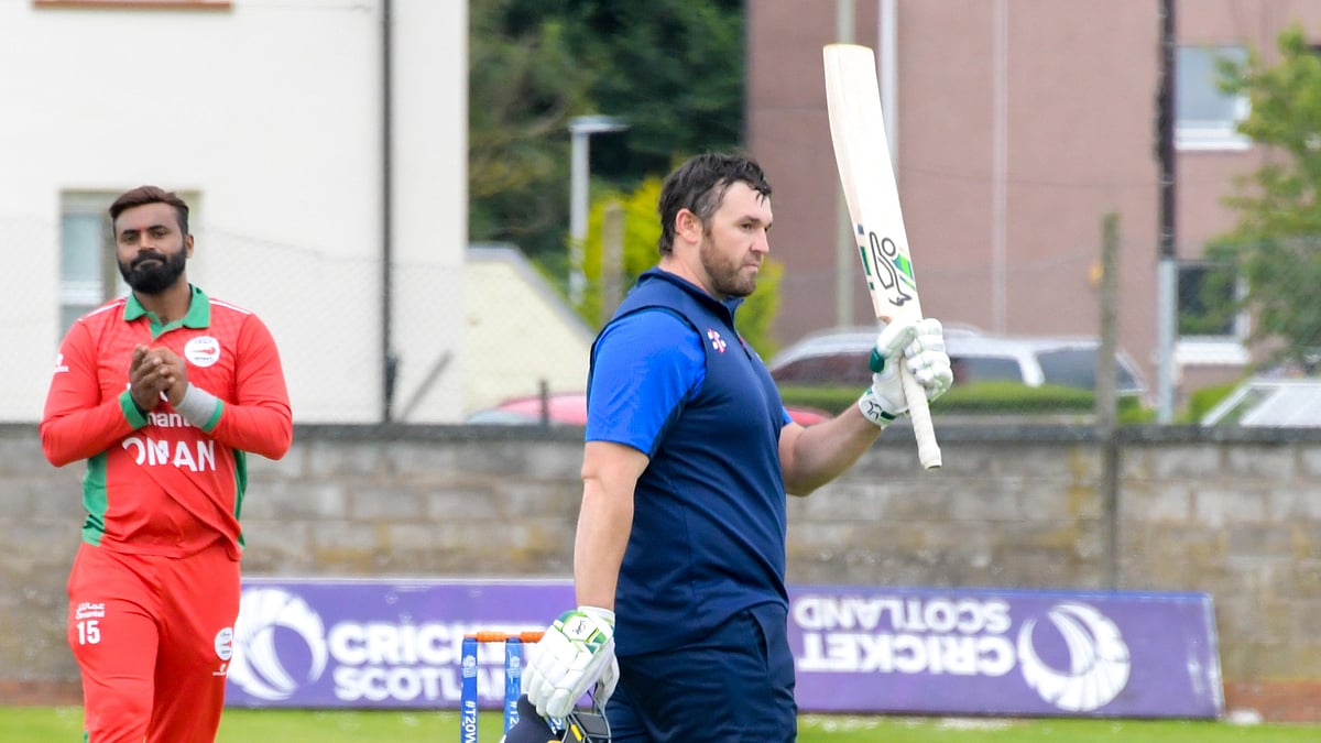 Photo: X/ @CricketScotland : Scotland A batter Oli Hairs after his 255-run knock against Oman.
